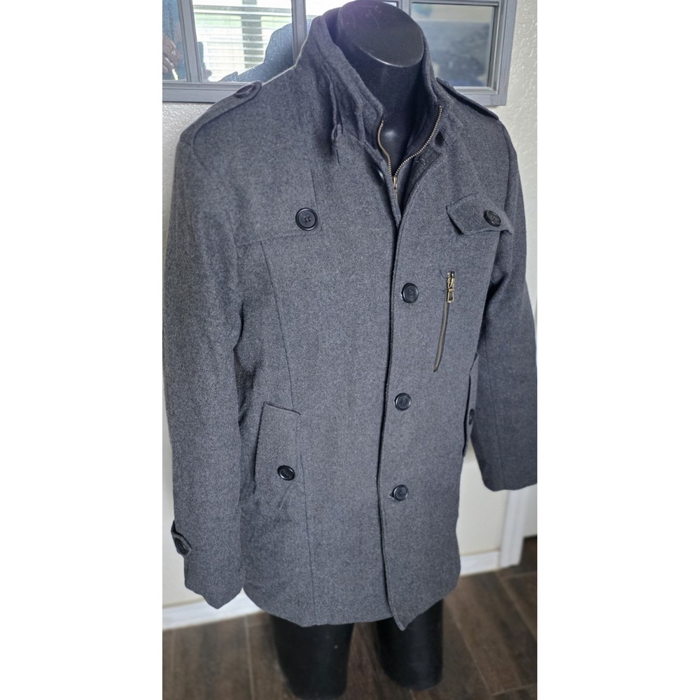 H&M Mens Wool Blend Car Coat Jacket Gray Quilted Lining Zip Bib Medium
